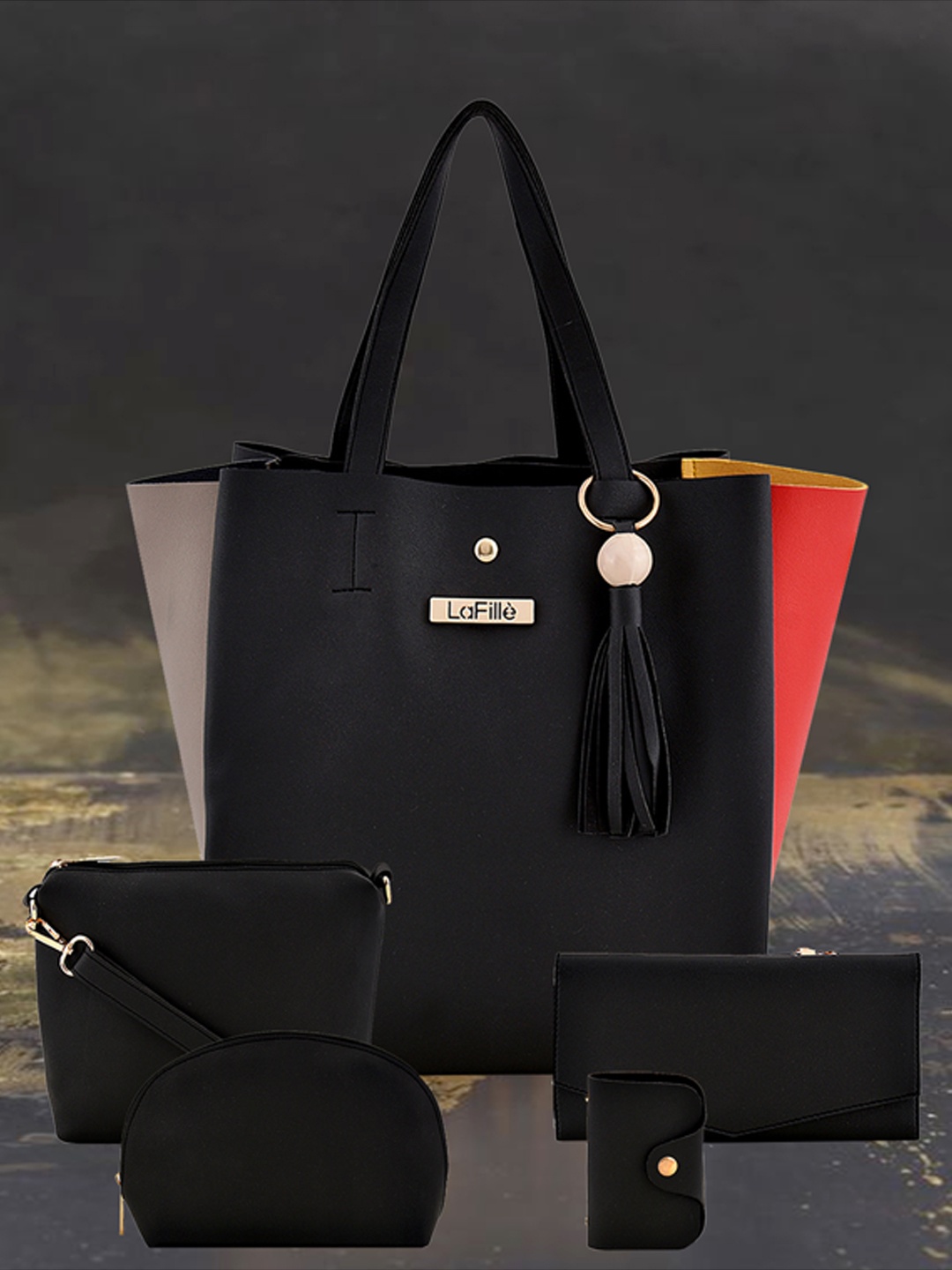 

LaFille Black PU Structured Shoulder Bag with Sling Bag, Pouch & Wallet