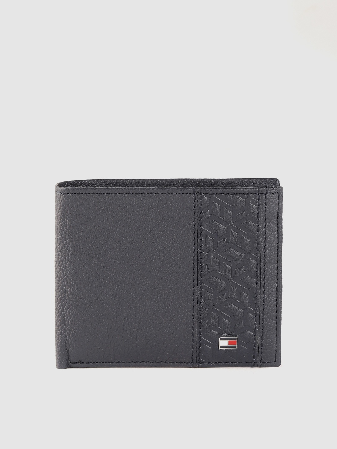 

Tommy Hilfiger Men Navy Blue Geometric Embossed Textured Leather Two Fold Wallet