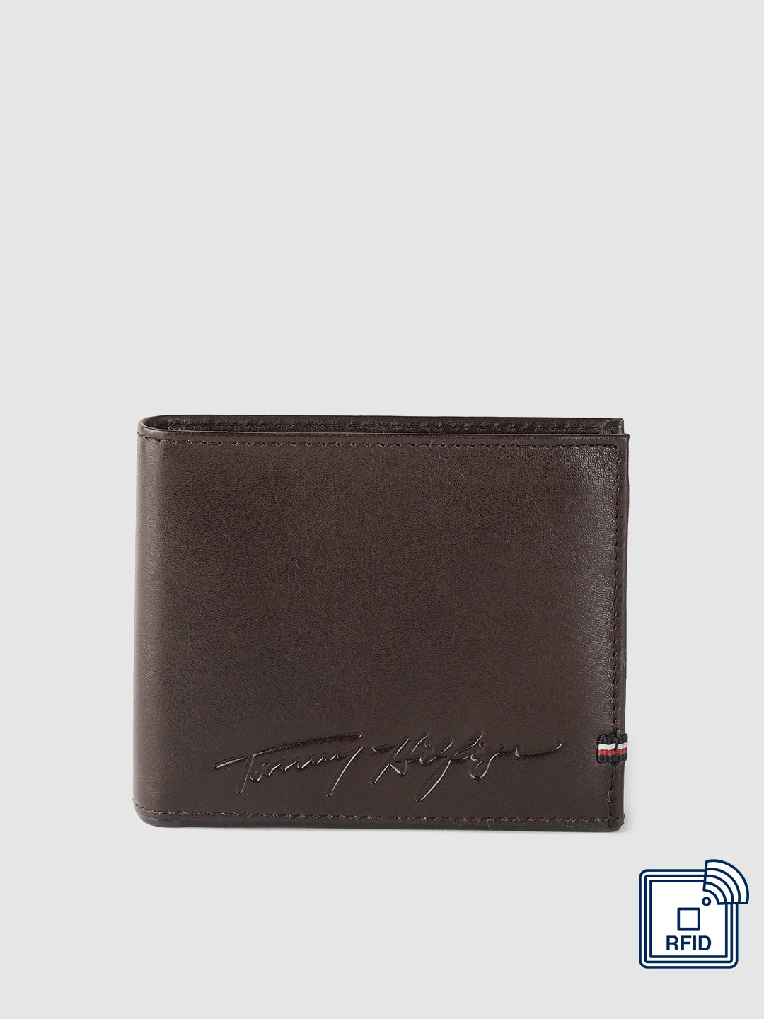 

Tommy Hilfiger Men Coffee Brown Brand Logo Detail Leather Two Fold Wallet with RFID