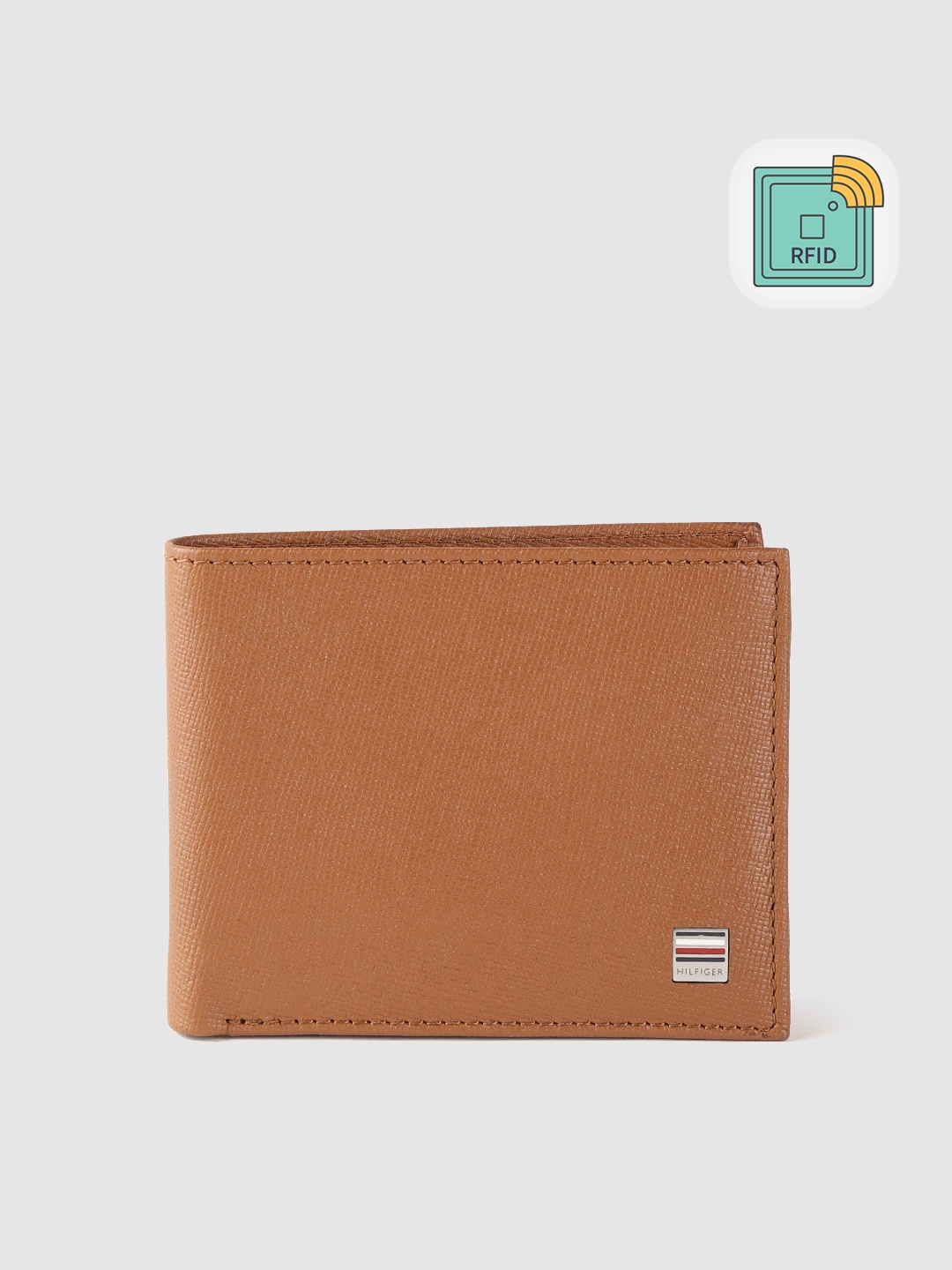 

Tommy Hilfiger Men Tan Brown Saffiano Textured Leather Two Fold Wallet with RFID