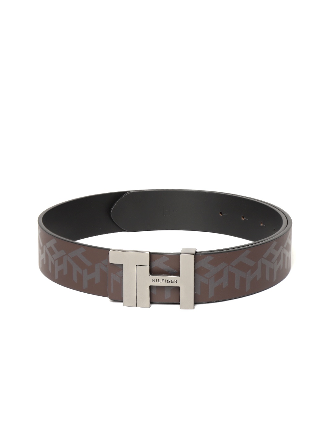 

Tommy Hilfiger Men Coffee Brown & Black Brand Logo Print Leather Reversible Belt