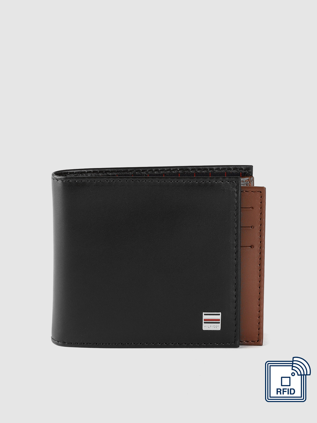 

Tommy Hilfiger Men Black & Brown Colourblocked Leather Two Fold Wallet with RFID