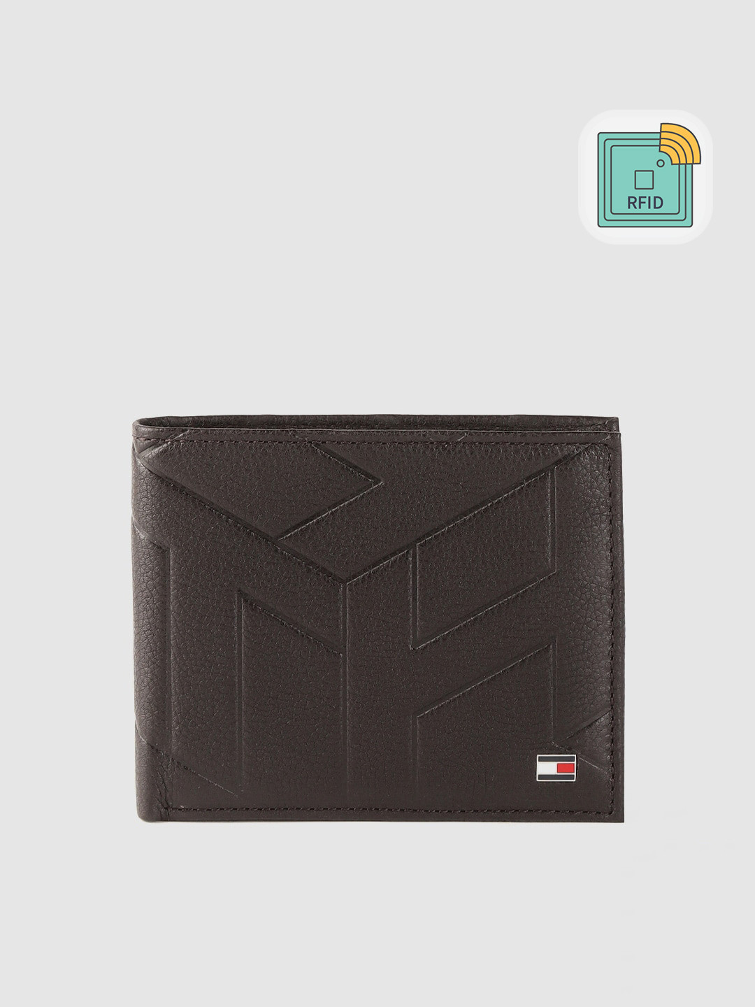 

Tommy Hilfiger Men Coffee Brown Brand Logo Textured Leather Two Fold Wallet with RFID
