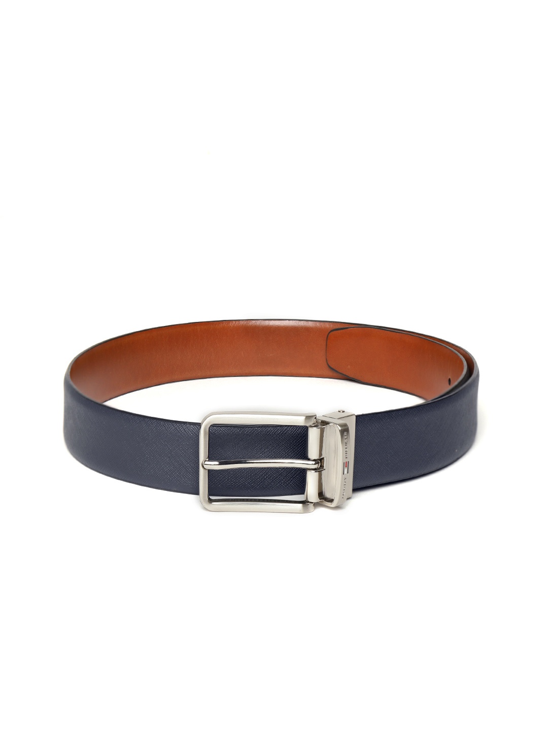 

Tommy Hilfiger Men Navy & Tan Brown Saffiano Textured Leather Reversible Formal Belt, Navy blue