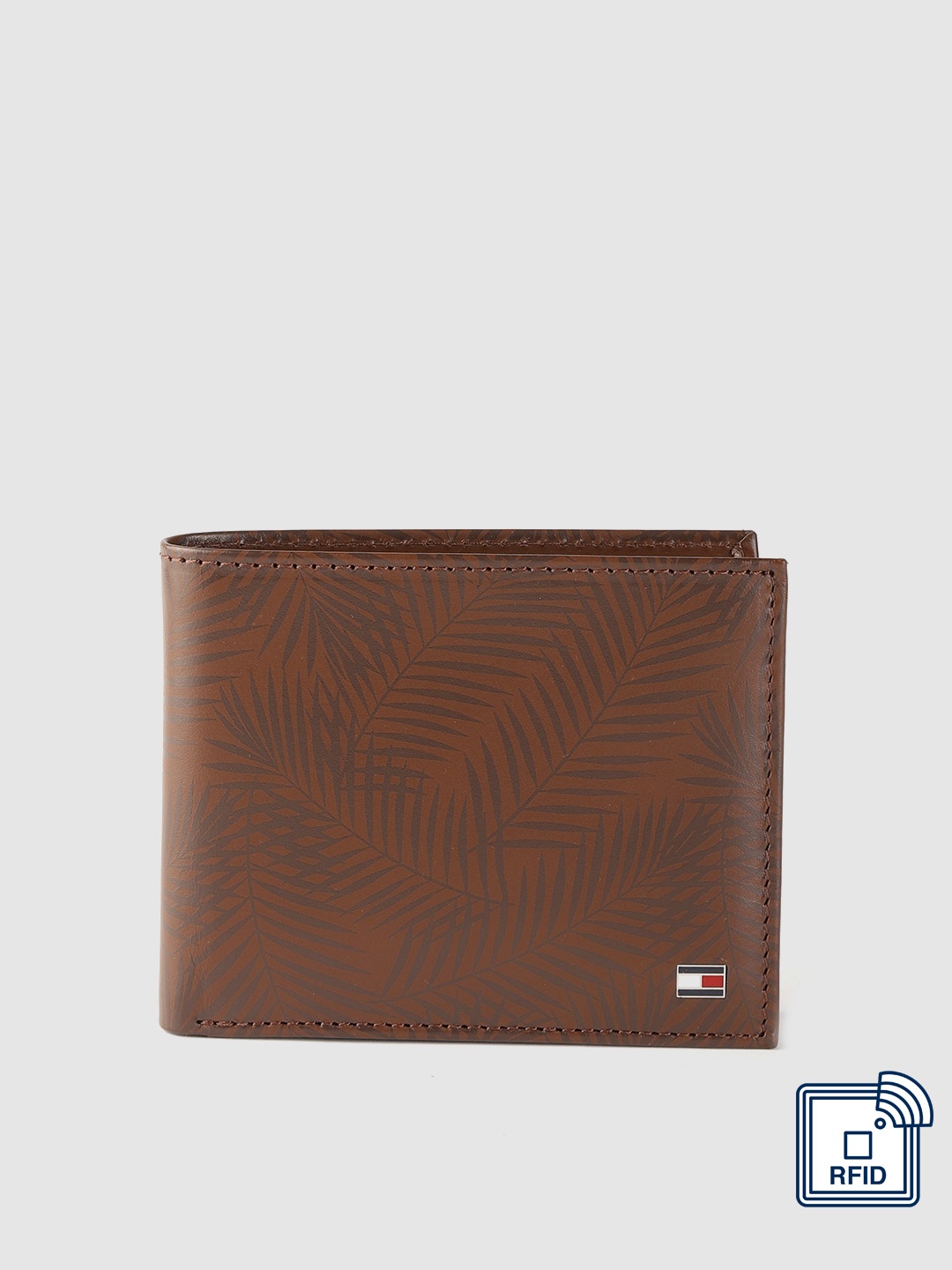 

Tommy Hilfiger Men Brown Tropical Print Leather Two Fold Wallet with RFID