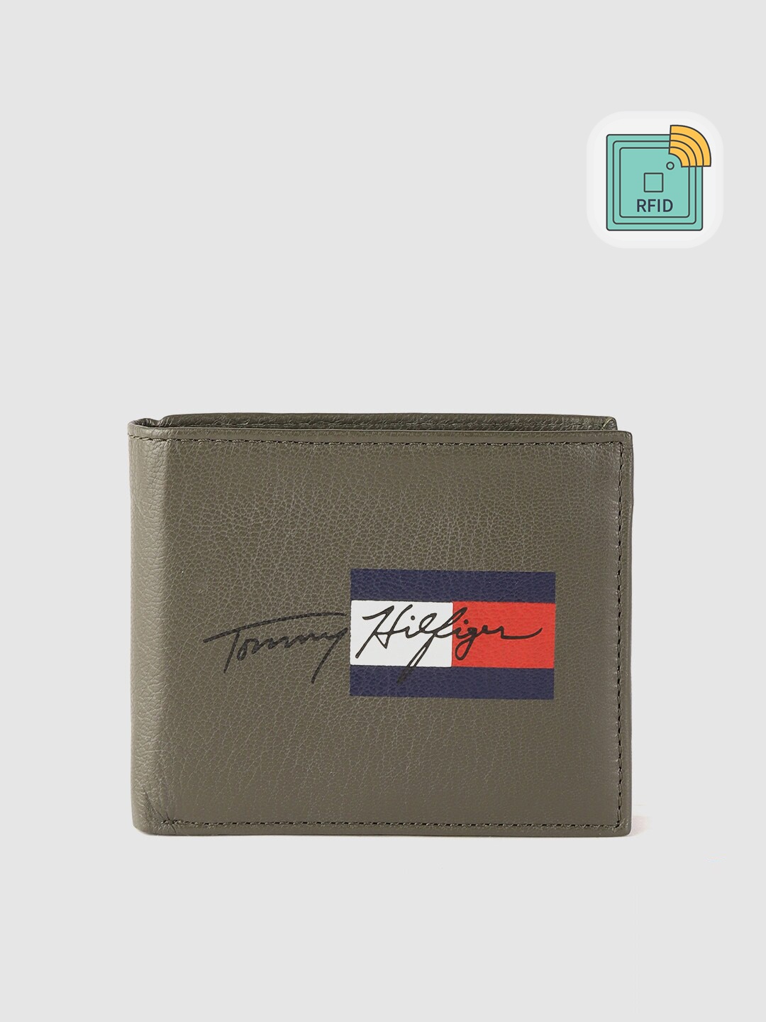 

Tommy Hilfiger Men Olive Green & Navy Brand Logo Print Leather Two Fold Wallet with RFID