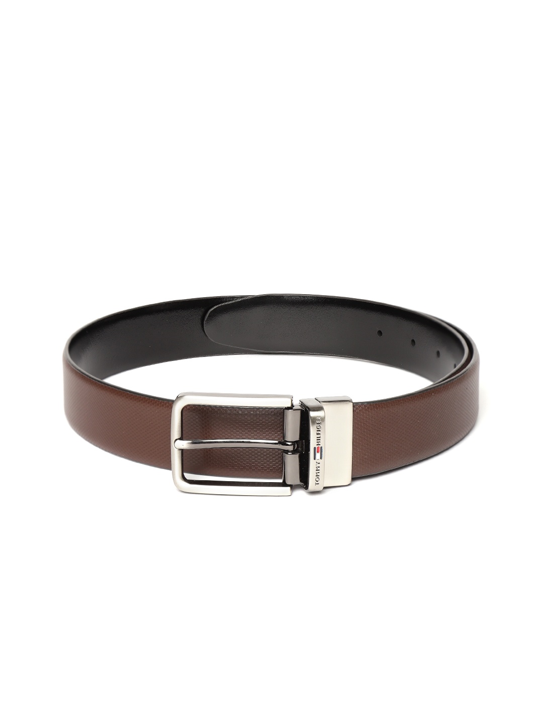 

Tommy Hilfiger Men Coffee Brown & Black Textured Leather Reversible Formal Belt