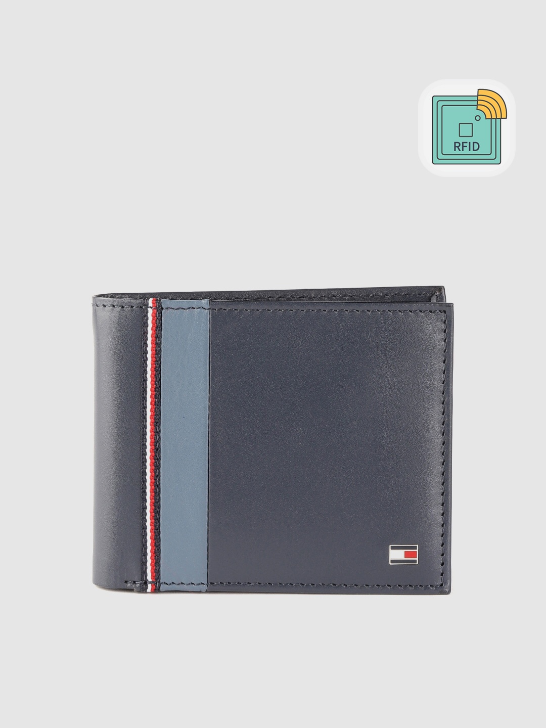 

Tommy Hilfiger Men Navy Blue Colourblocked Leather Two Fold Wallet with RFID