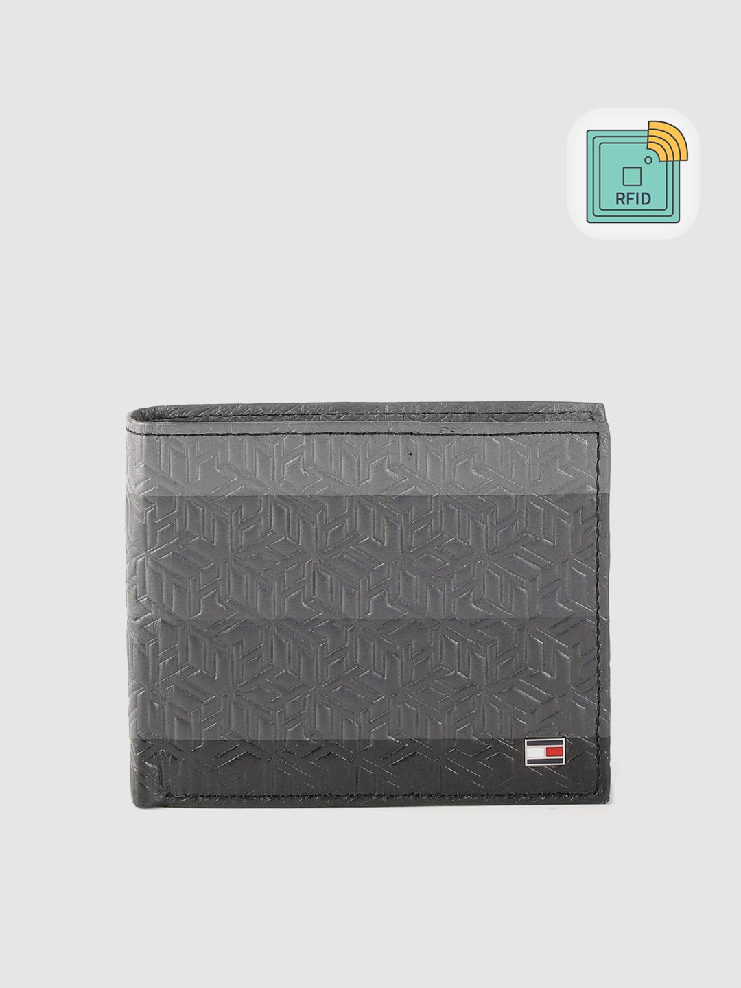

Tommy Hilfiger Men Grey & Black Brand Logo Textured Leather Two Fold Wallet with RFID