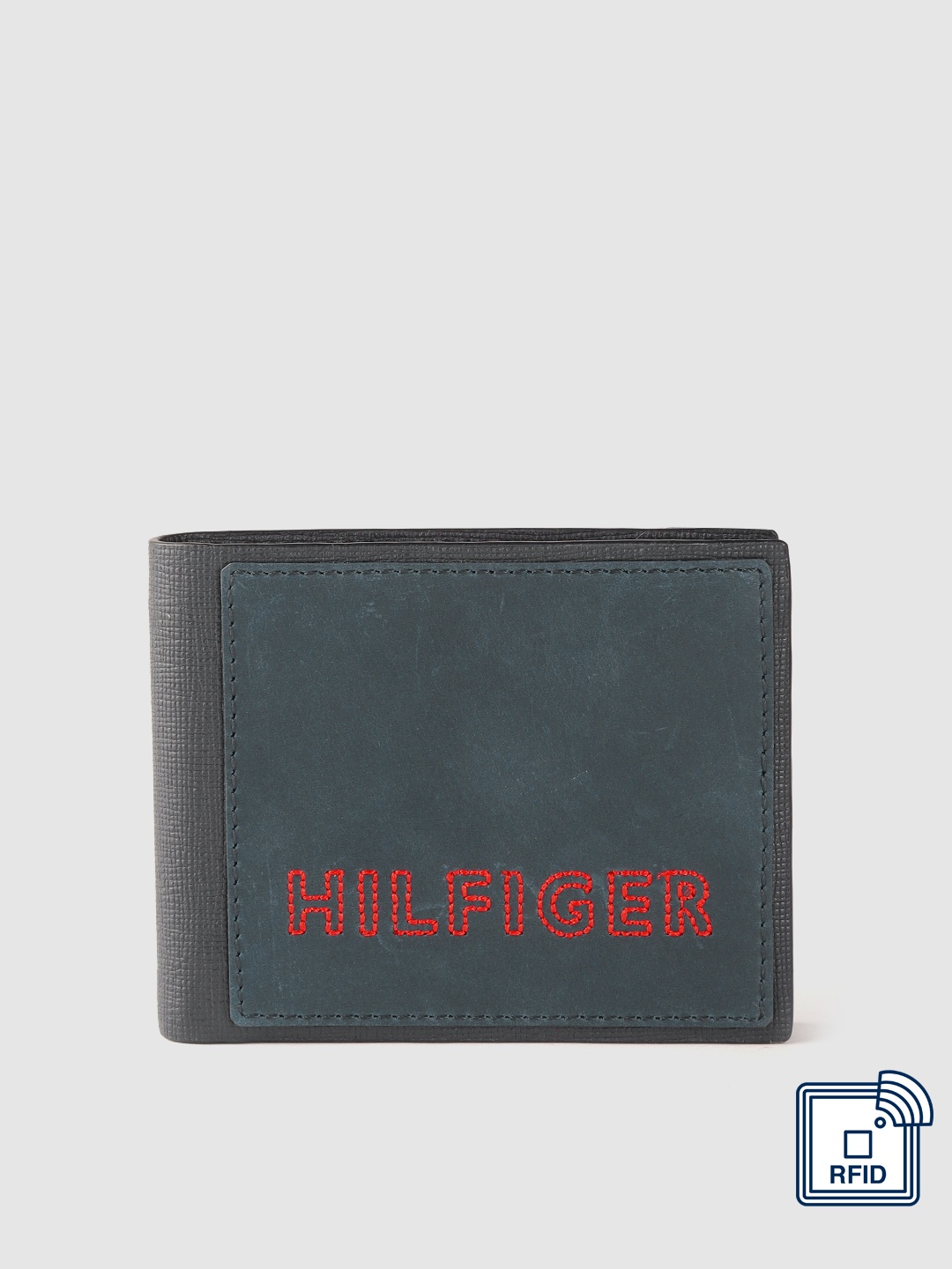 

Tommy Hilfiger Men Navy Blue & Red Textured Leather RFID Two Fold Wallet with Embroidery