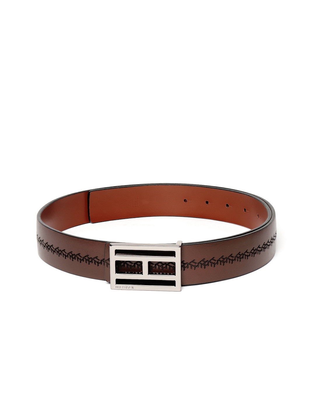 

Tommy Hilfiger Men Brown Brand Logo Textured Leather Reversible Belt