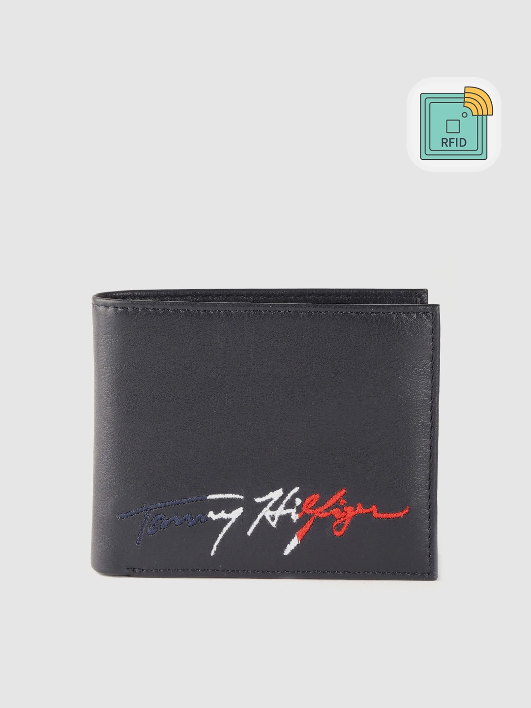 Tommy Hilfiger Men Navy Brand Logo Embroidered Detail Leather Two Fold Wallet with RFID, Navy blue