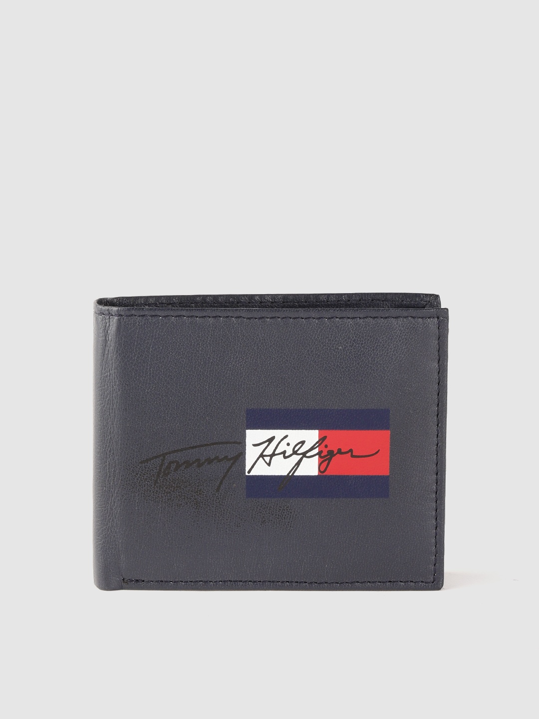

Tommy Hilfiger Men Navy Blue Brand Logo Printed Leather Two Fold Wallet