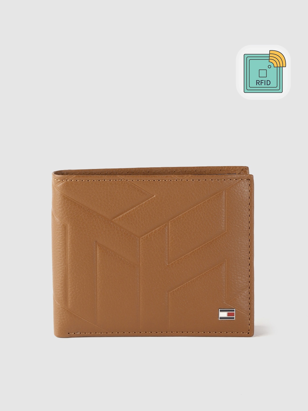 

Tommy Hilfiger Men Tan Brown Brand Logo Textured Leather Two Fold Wallet with RFID