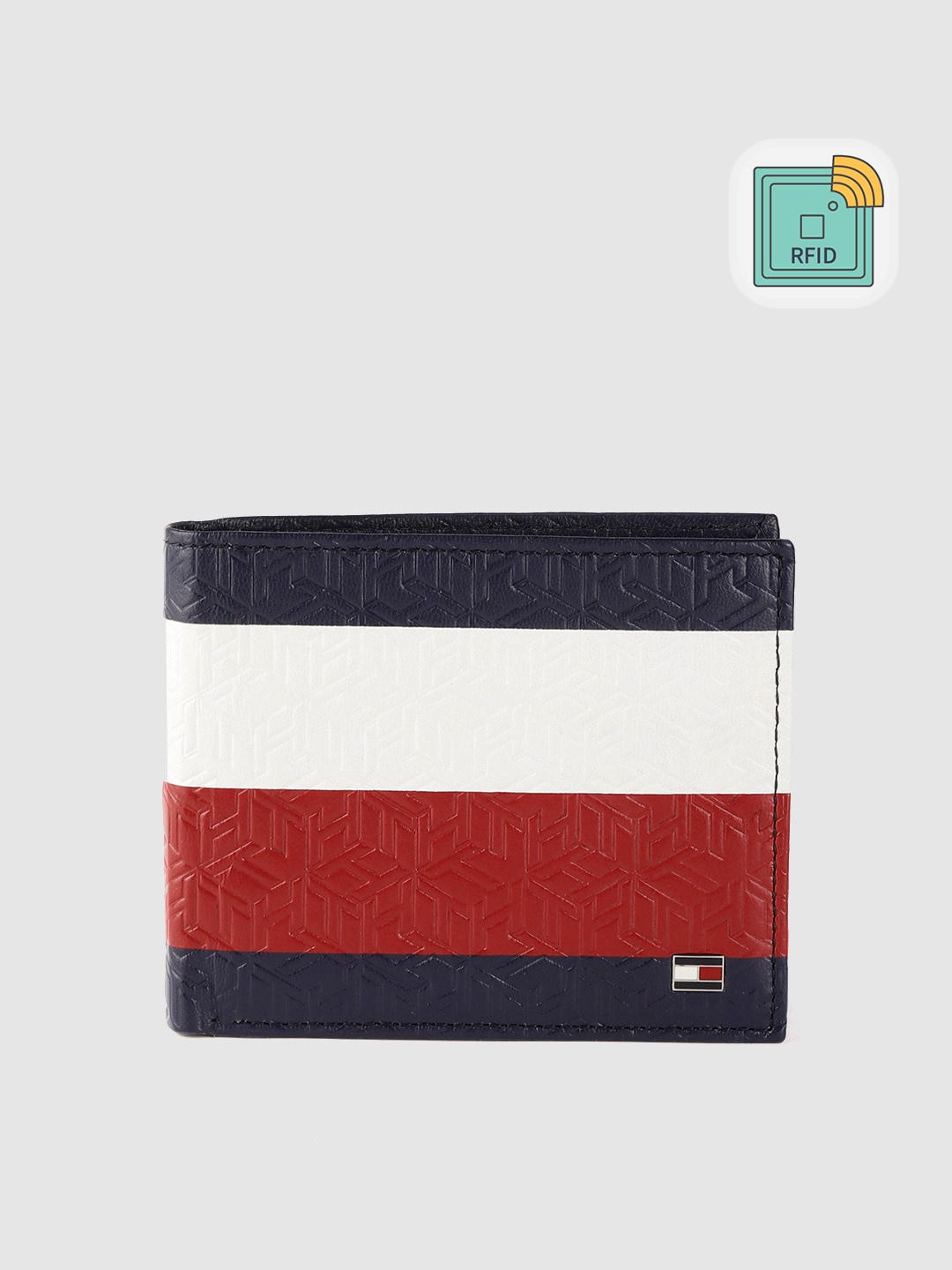 

Tommy Hilfiger Men Red & White Striped & Brand Logo Leather Two Fold Wallet with RFID