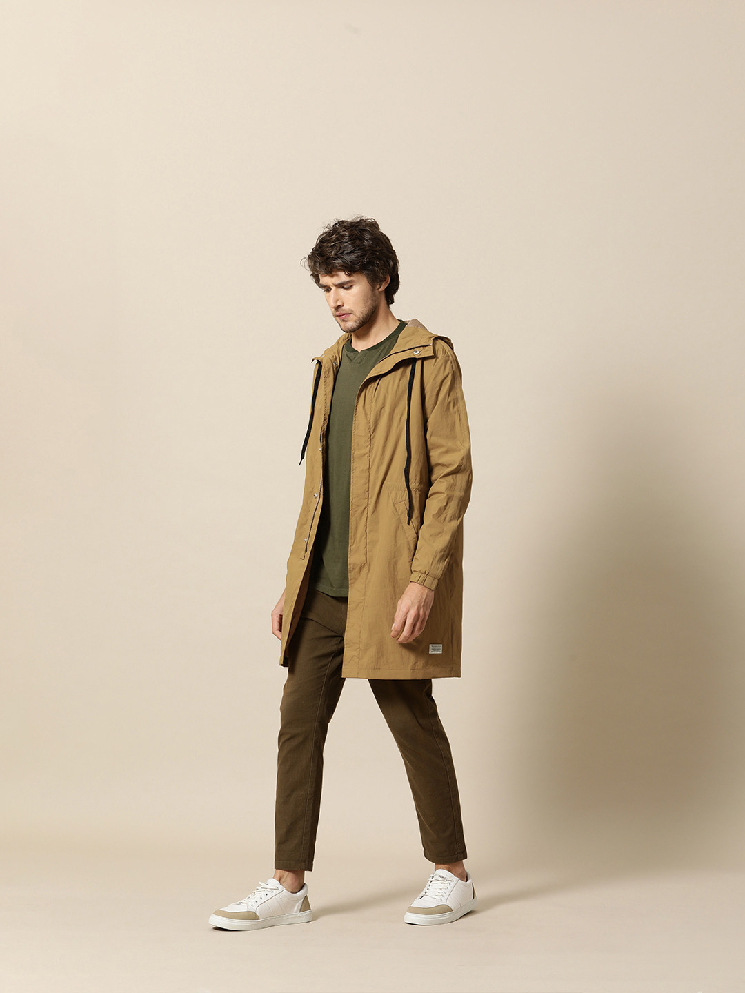 

Mr Bowerbird Men Khaki Solid Tailored Fit Hooded Longline Tailored Jacket