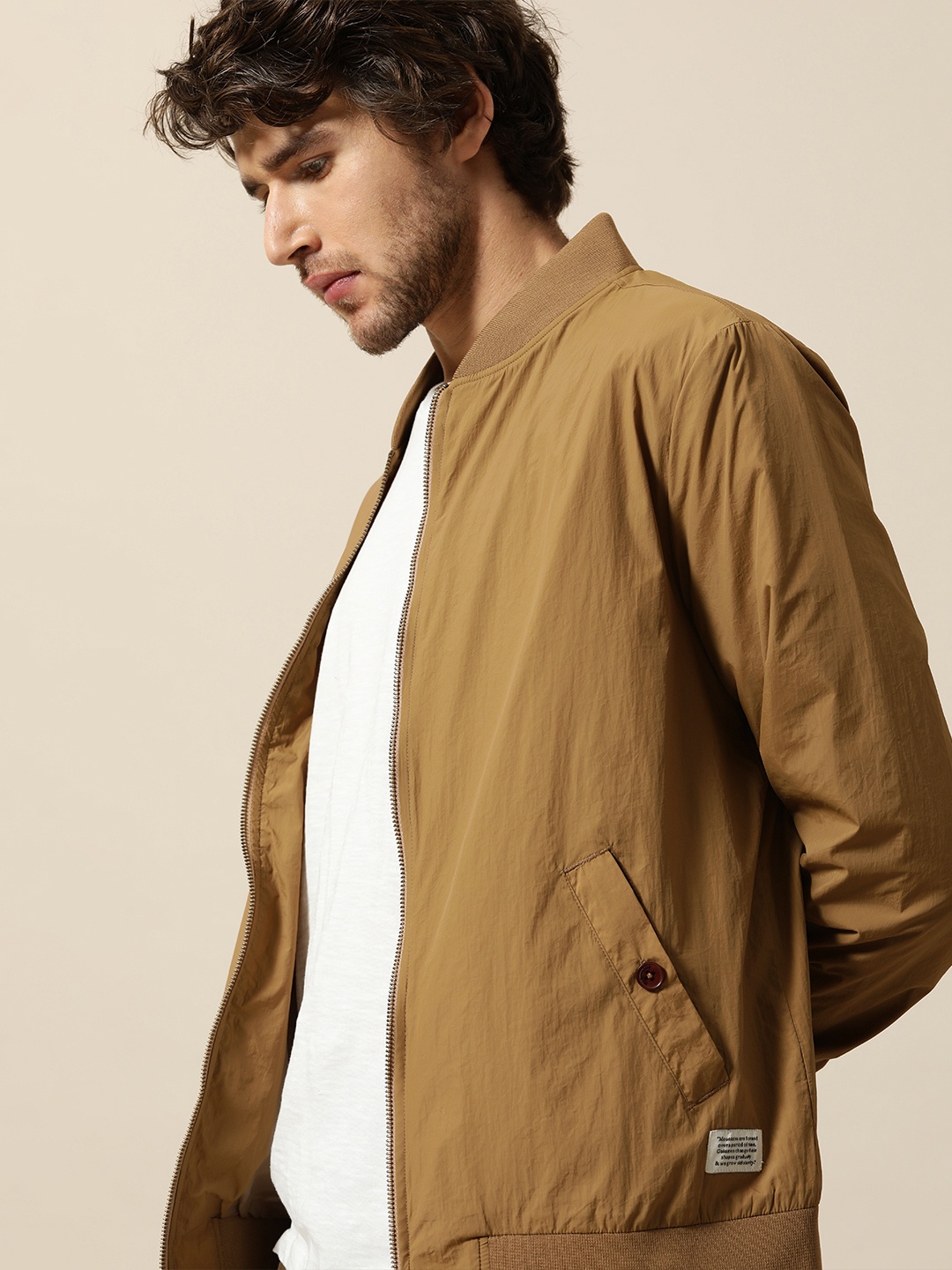

Mr Bowerbird Men Khaki Solid Tailored Fit Bomber Jacket