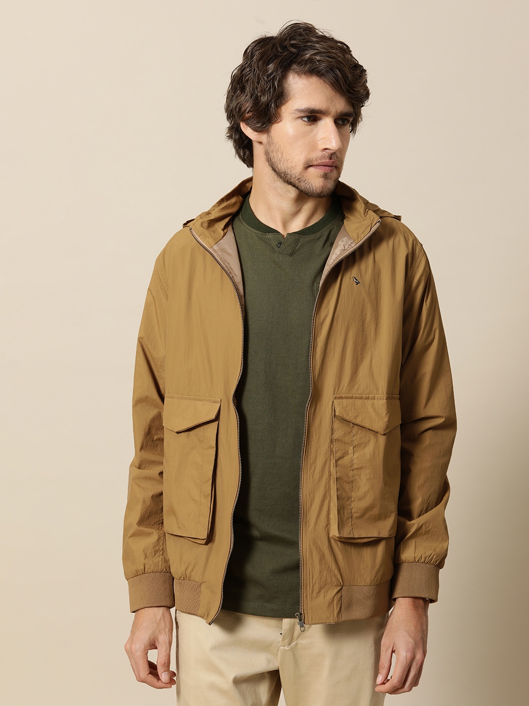 

Mr Bowerbird Men Khaki Solid Tailored Fit Hooded Bomber Jacket