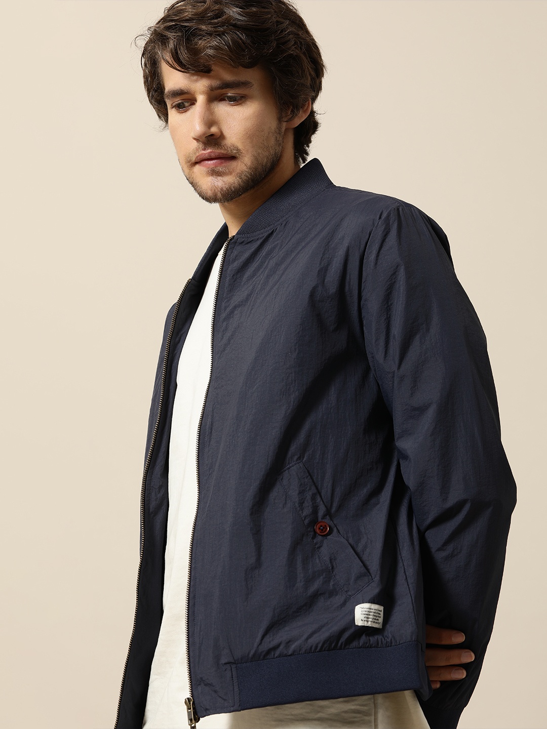 

Mr Bowerbird Men Navy Blue Solid Tailored Fit Bomber Jacket
