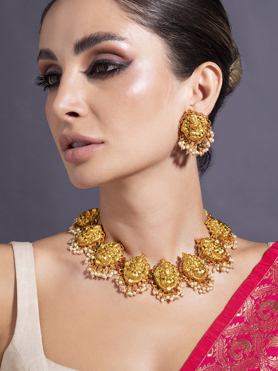 

Rubans Gold-Plated & White Stone-Studded Handcrafted Temple Jewellery Set