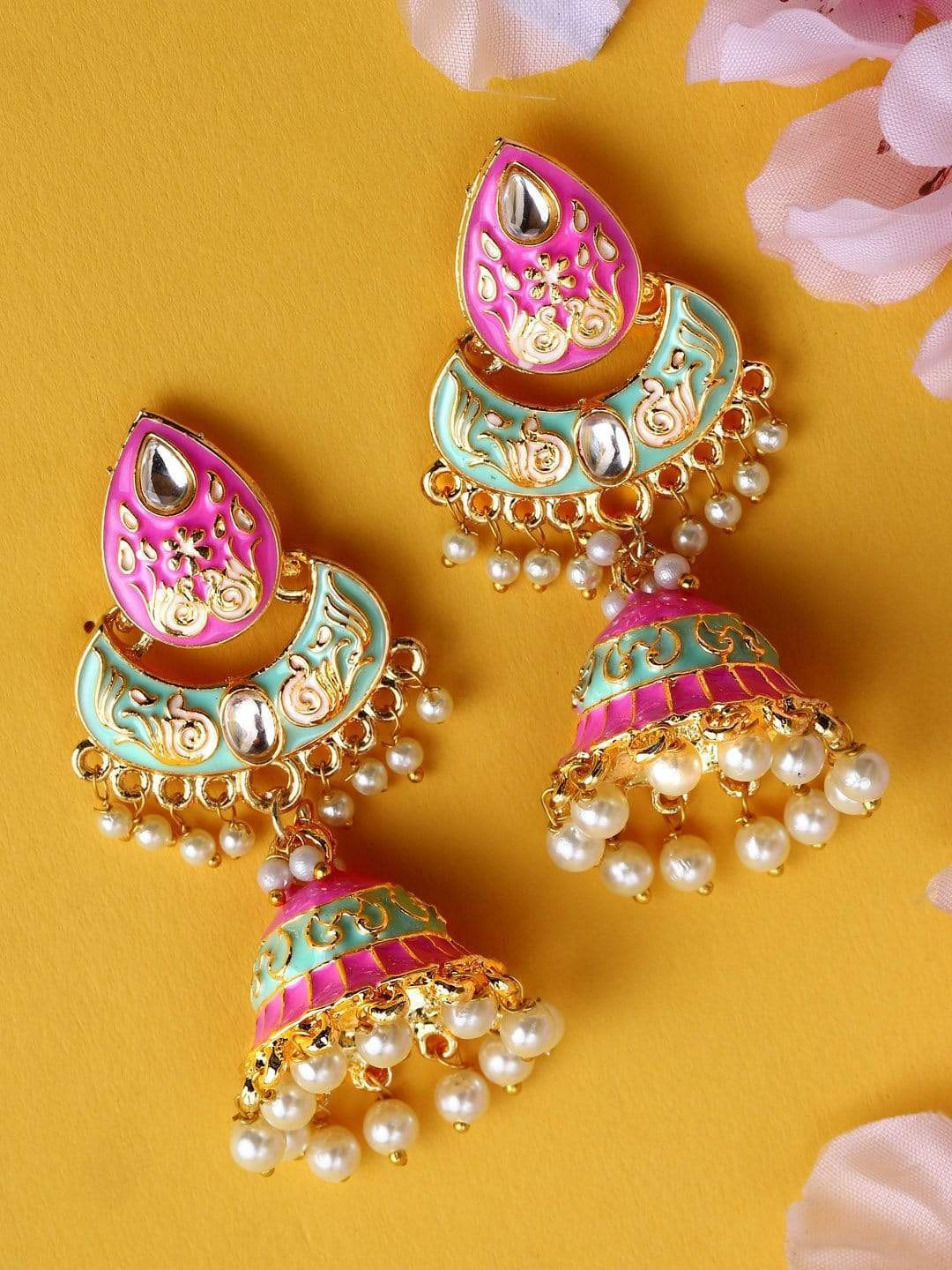 

Rubans Gold & Pink Contemporary Jhumkas Earrings