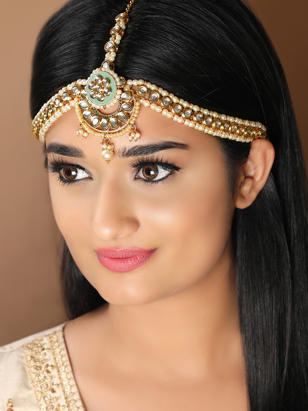 

Rubans 18K Gold Plated White & Sea Green KundanStudded Beaded Handcrafted Matha Patti