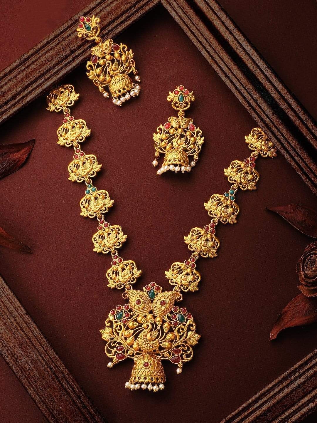 

Rubans Gold-Plated Red & Green Ruby-Studded & Beaded Handcrafted Jewellery Set