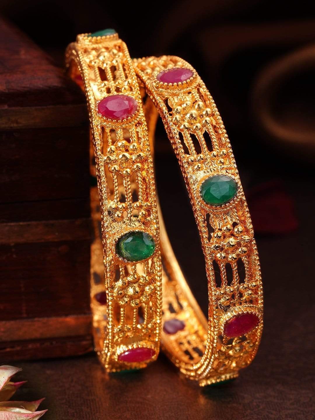 

Rubans Set of 2 22K Gold-Plated Red & Green Stone-Studded Handcrafted Bangles