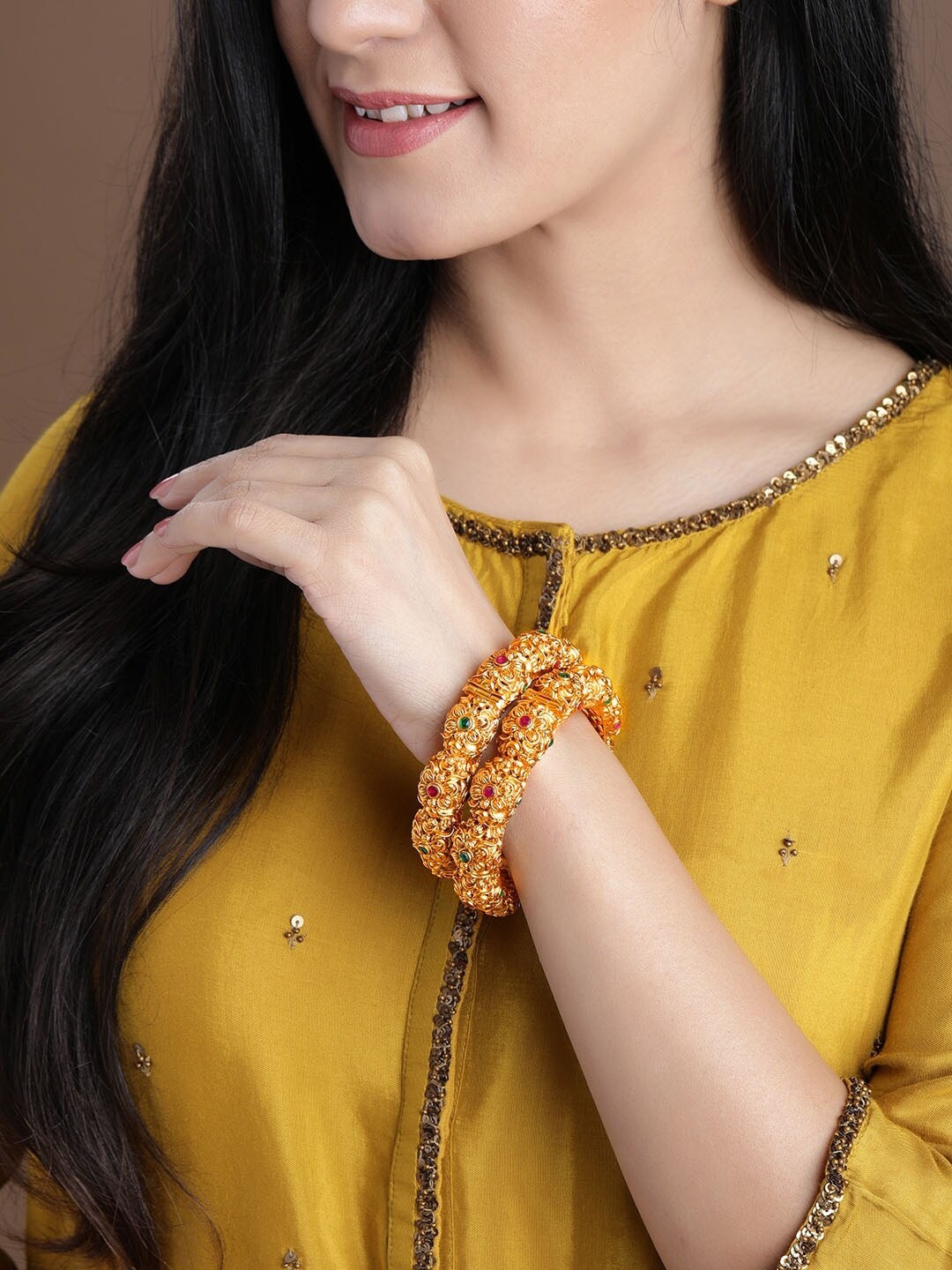 

Rubans Set Of 2 24K Gold-Plated Green & Red Stone-Studded Bangles