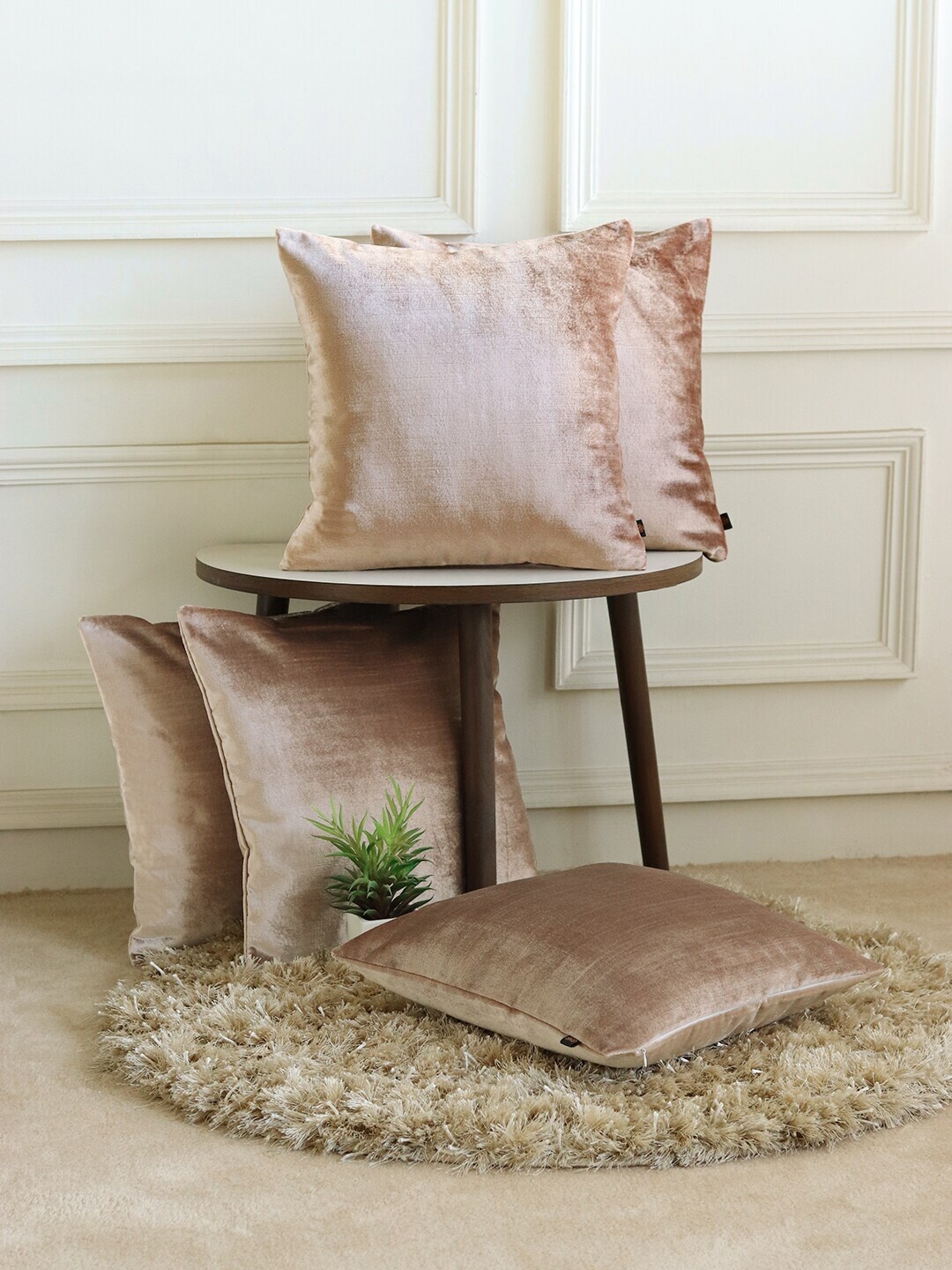 

GM Beige Set of 5 Velvet Solid Square Cushion Covers