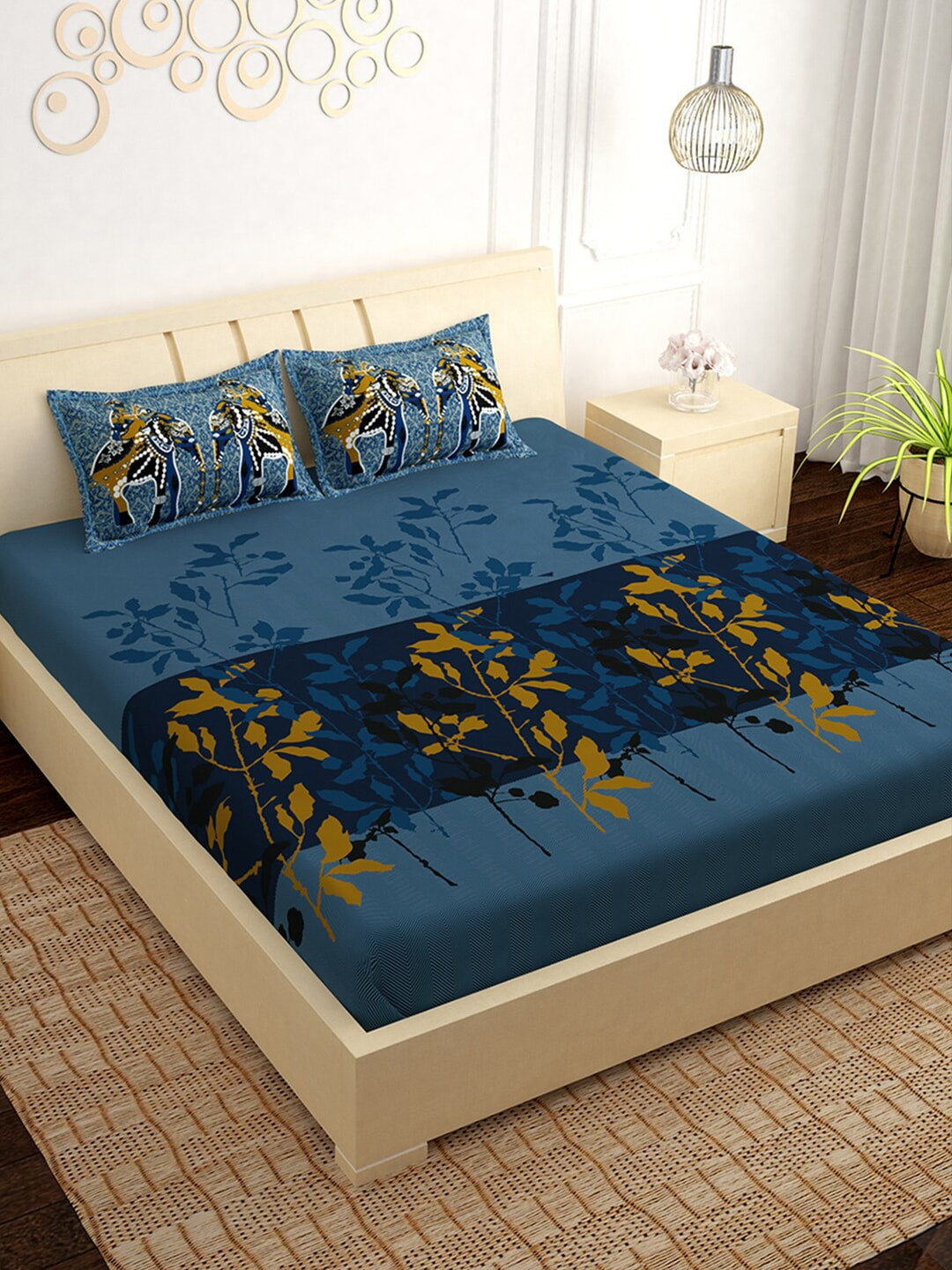 

PAVO Navy Blue & Yellow Floral 300 TC King Bedsheet with 2 Pillow Covers