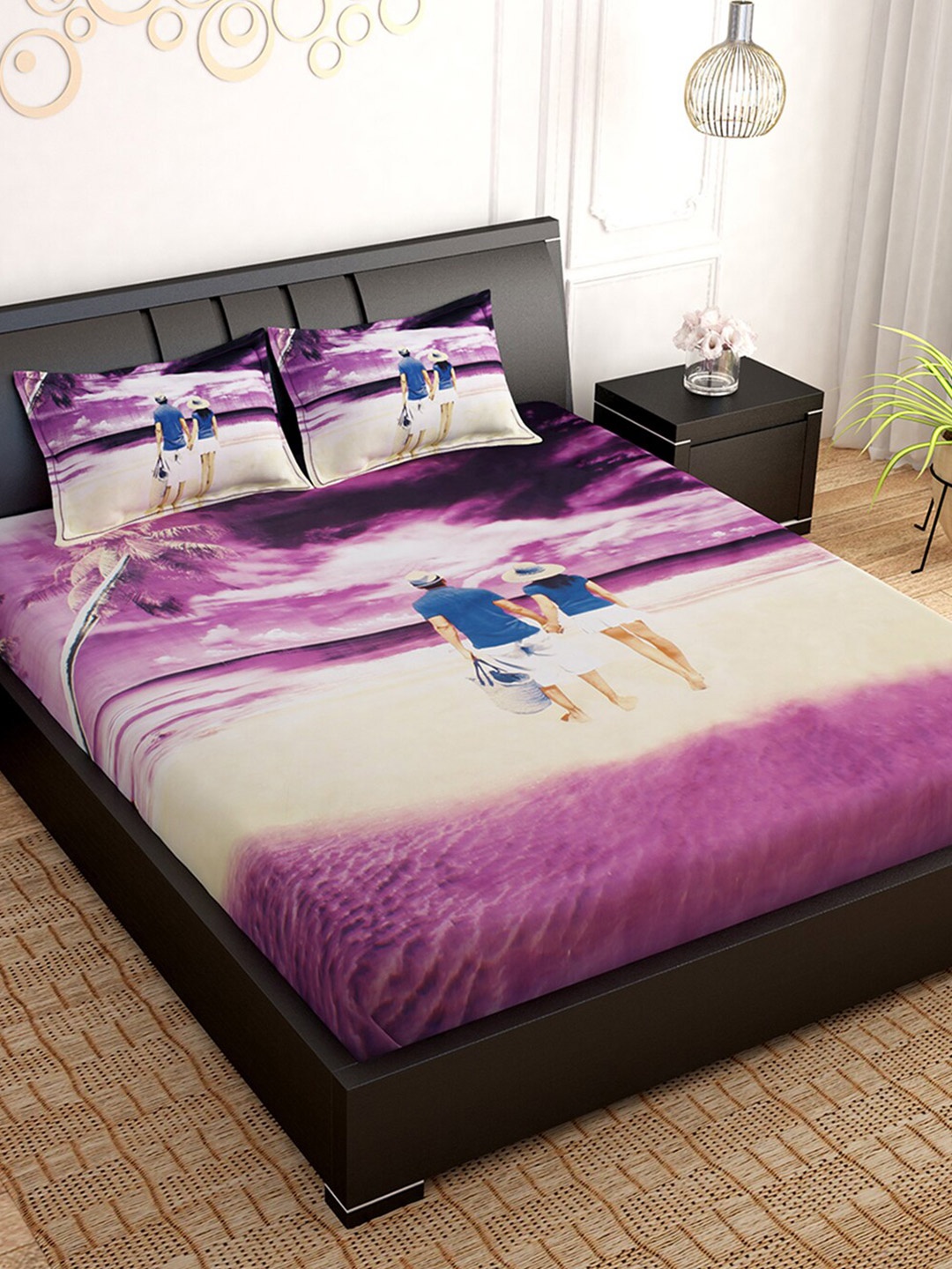 

PAVO Navy Blue & Purple Floral 300 TC King Bedsheet with 2 Pillow Covers