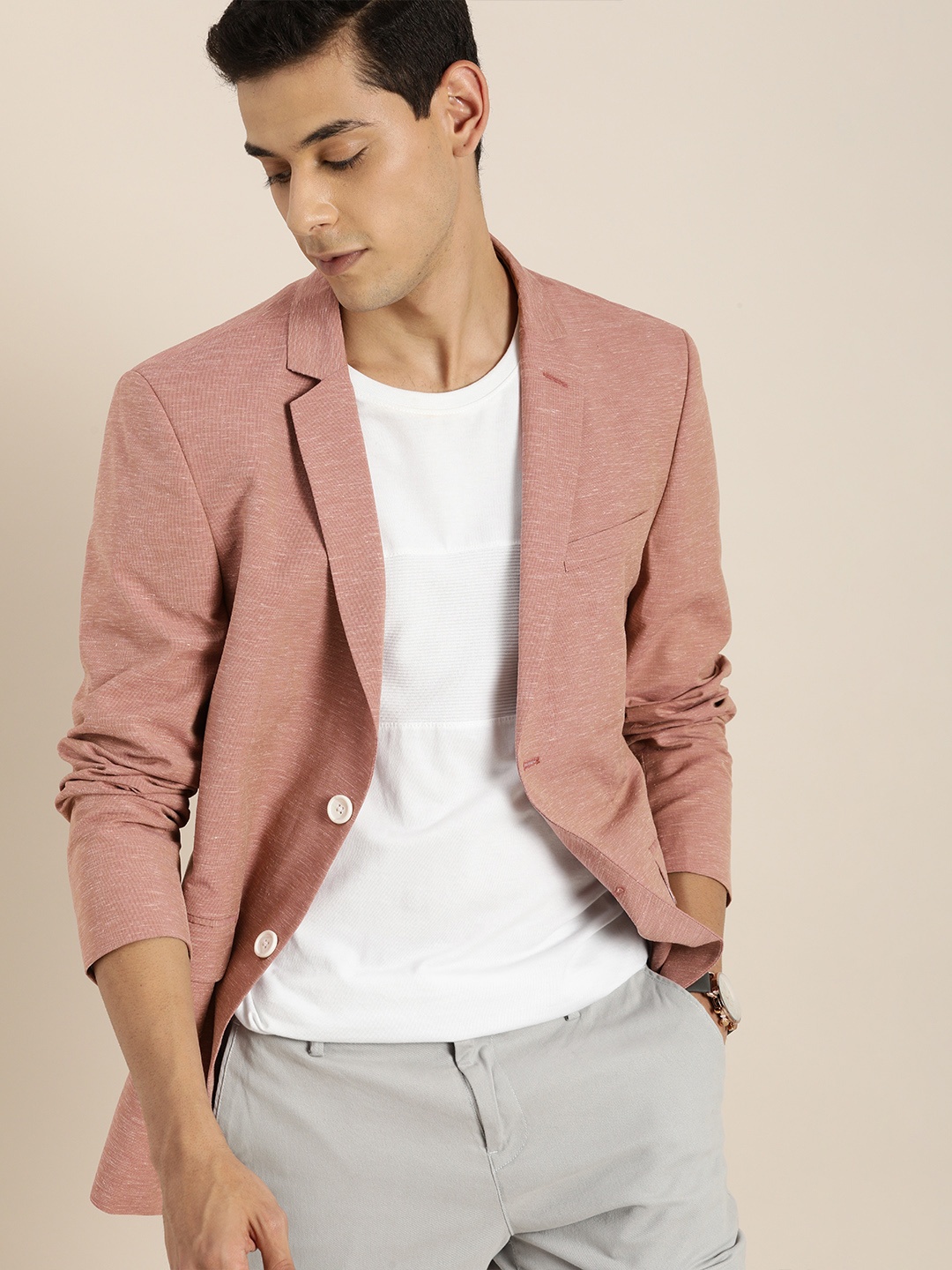 

INVICTUS Men Dusty Pink Self-Design Single-Breasted Slim Fit Formal Blazer