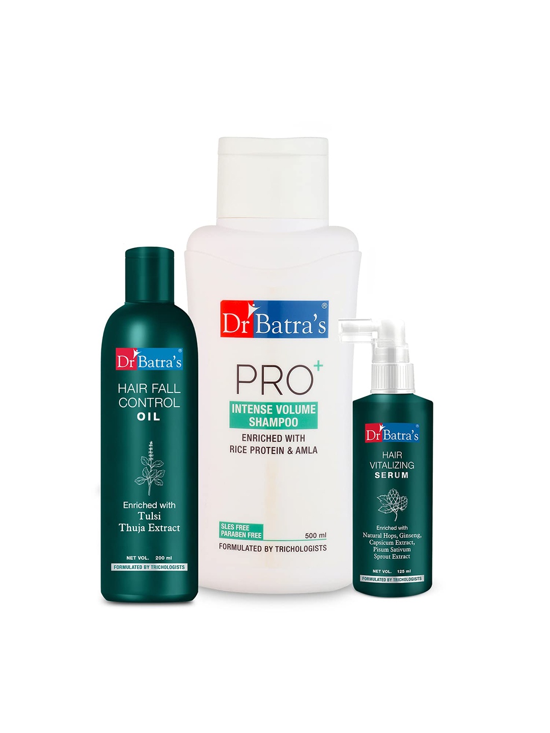 

Dr. Batras Hair Vitalizing Serum 125ml+ Pro+ Intense Volume Shampoo 500ml+ Hair Oil 200ml, Brown