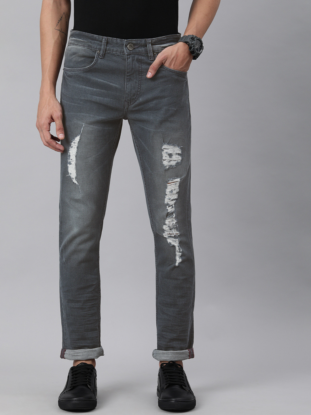 

WROGN Men Grey Skinny Fit Highly Distressed Light Fade Stretchable Jeans