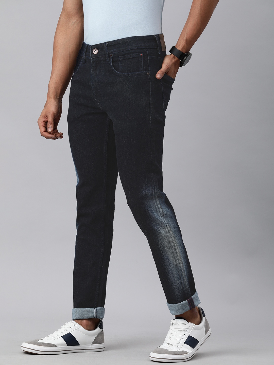 

WROGN Men Navy Blue Skinny Fit Heavy Fade Acid Wash Stretchable Jeans