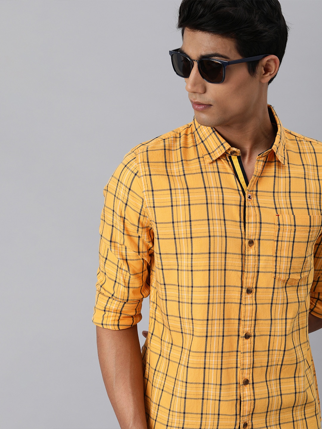 

WROGN Men Slim Fit Checked Casual Shirt, Mustard