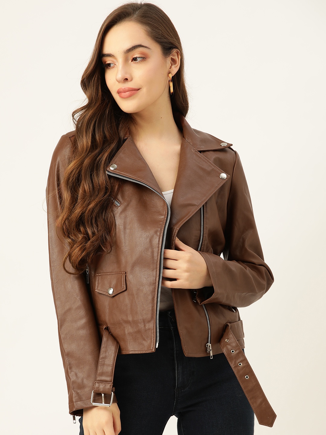 

Leather Retail Women Brown Solid Lightweight Leather Jacket