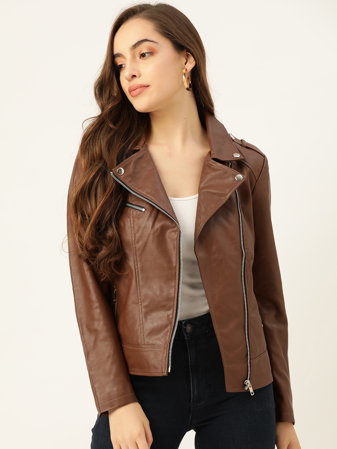 

Leather Retail Women Brown Graphic Printed Lightweight Leather Jacket