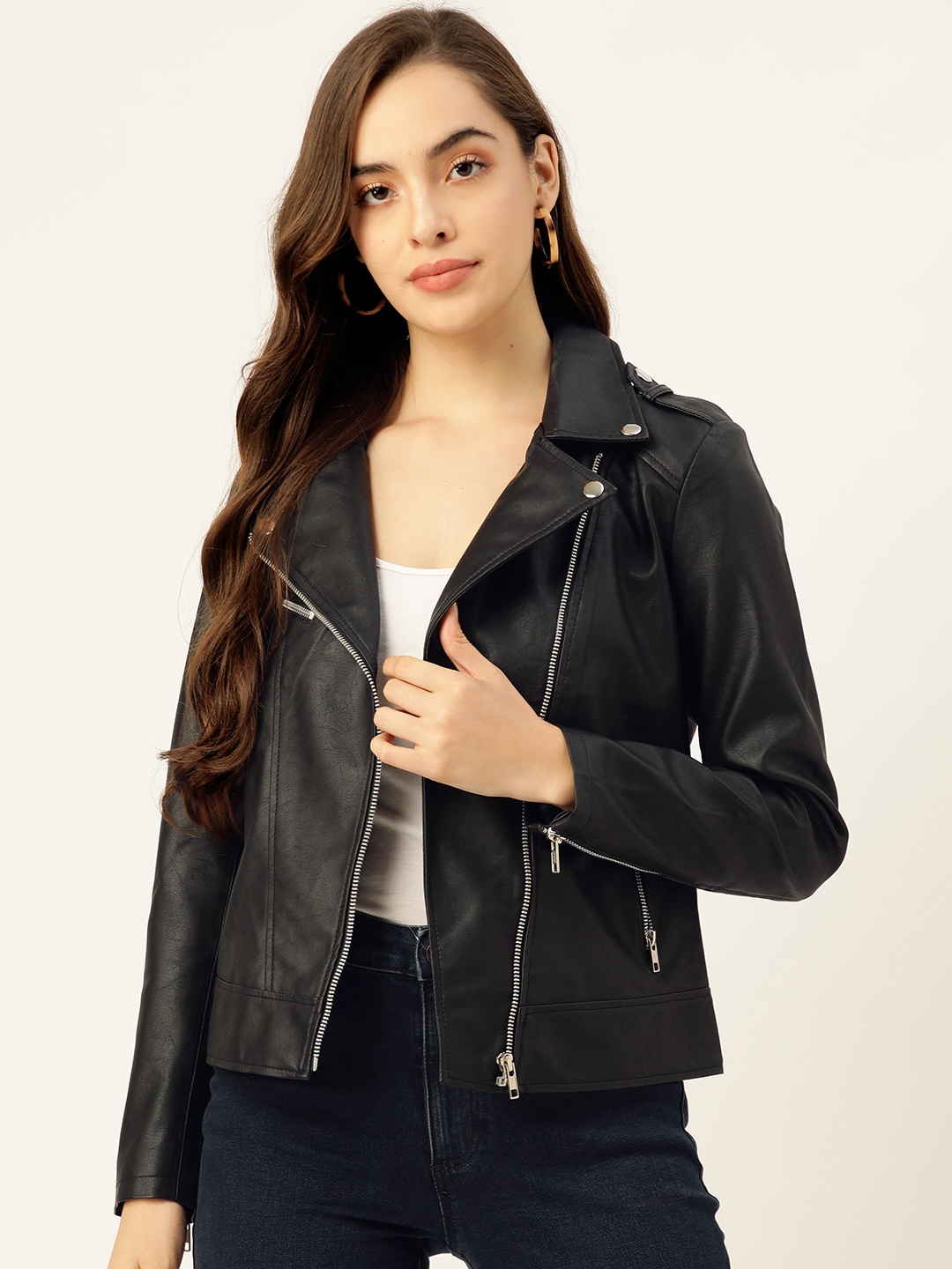 

Leather Retail Women Black Graphic Print Lightweight Leather Jacket