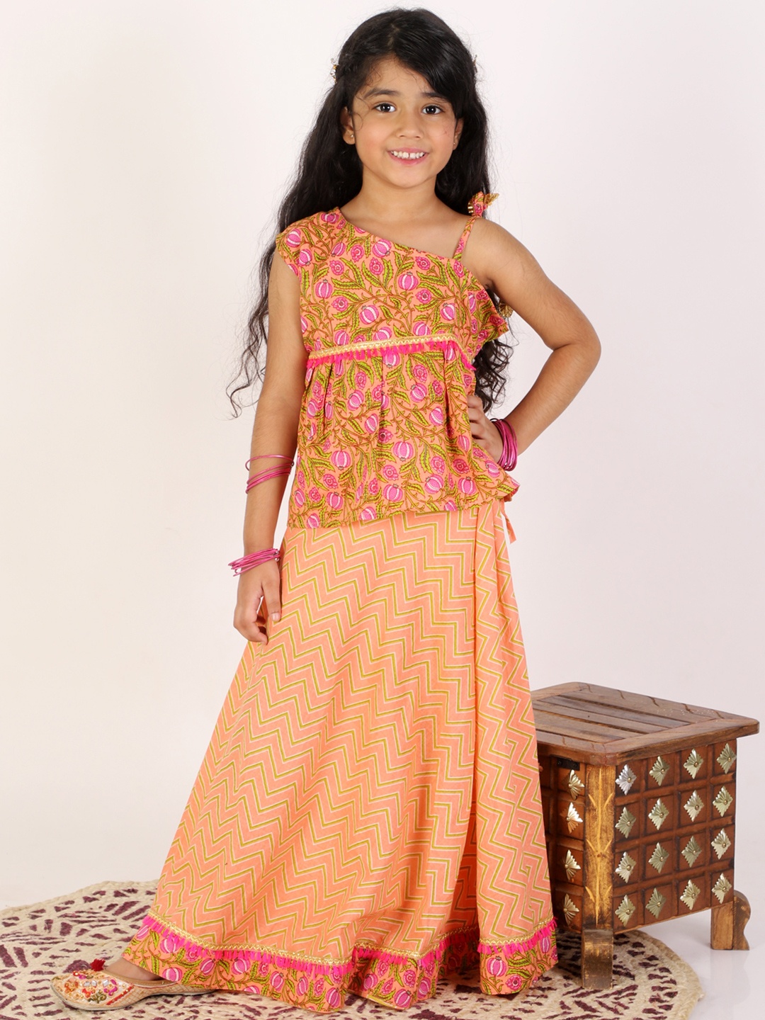 

Superminis Girls Orange & Pink Printed Ready to Wear Lehenga Choli