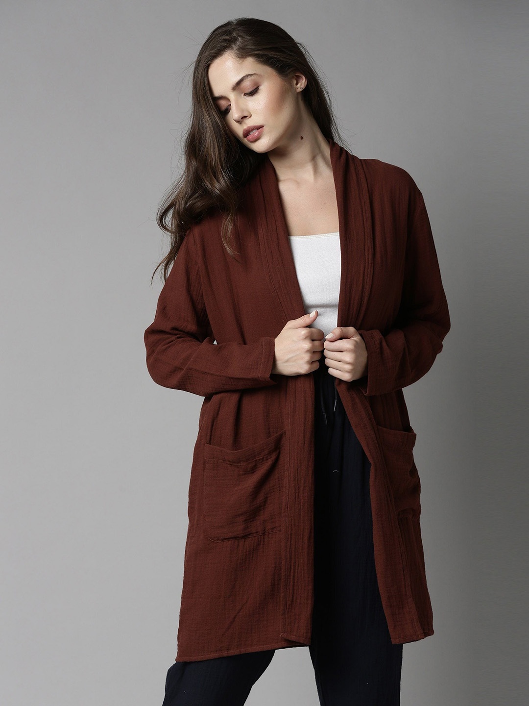 

RAREISM Women Brown Solid Longline Shrug