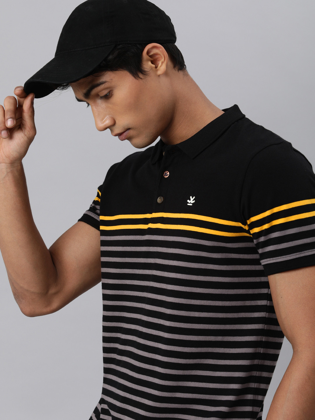 

WROGN Men Black Grey Striped Polo Collar Slim Fit Pure Cotton T-shirt