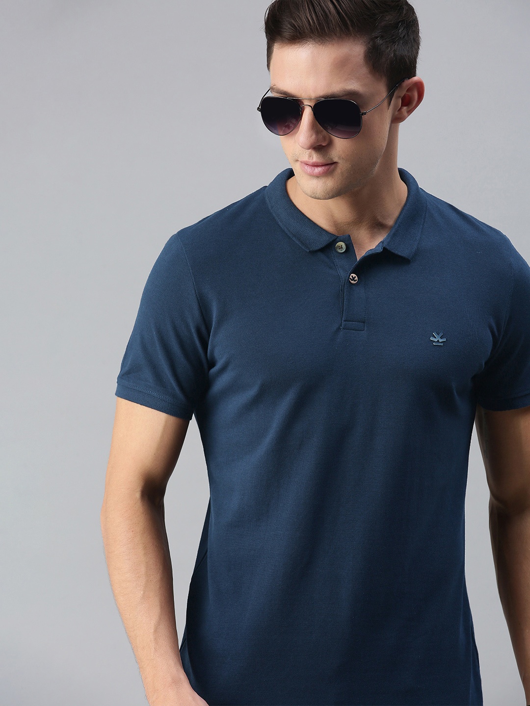 

WROGN Men Navy Blue Solid Slim Fit Cotton Polo Collar T-shirt