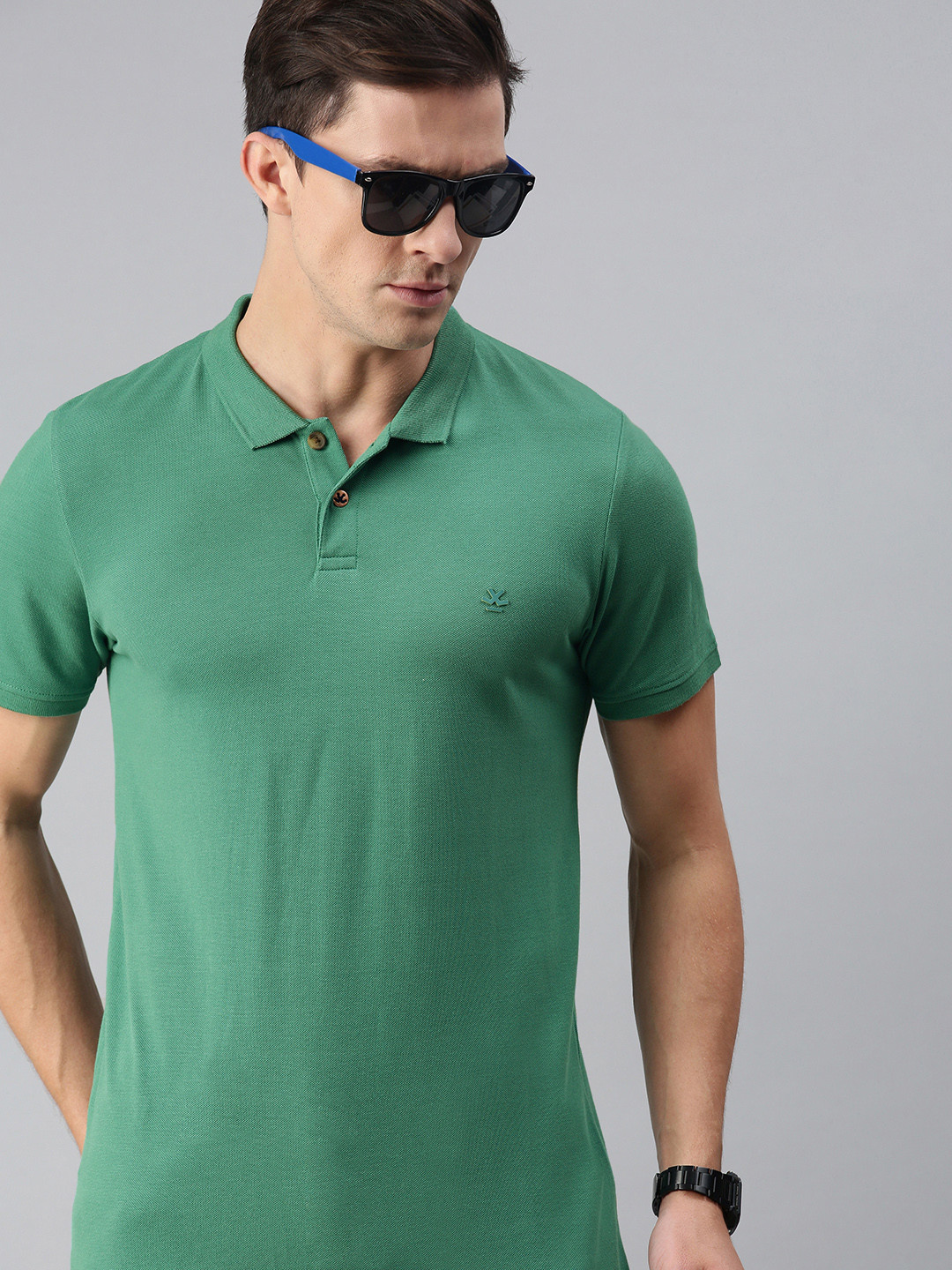 

WROGN Men Green Solid Pure Cotton Polo Collar Pure Cotton T-shirt