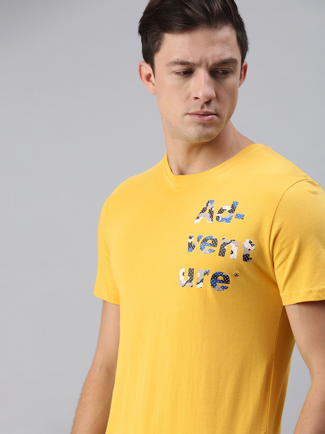 

WROGN Men Mustard Yellow Typography Placement Print Slim Fit Cotton T-shirt