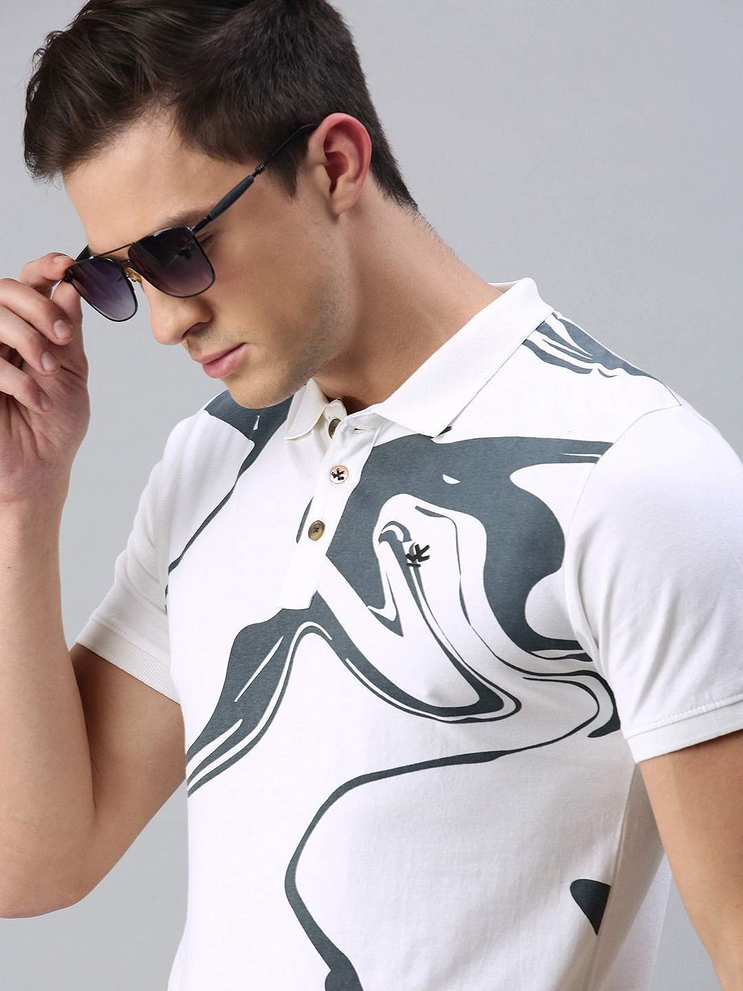 

WROGN Men White & Charcoal Grey Printed Polo Collar Pure Cotton T-shirt