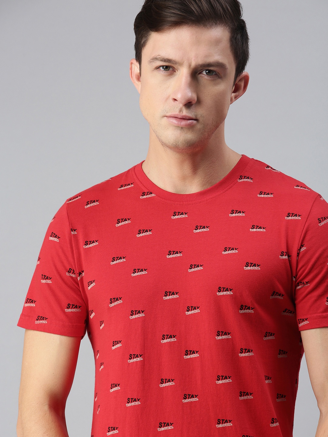 

WROGN Men Red & White Brand Logo Printed Slim Fit Cotton T-shirt