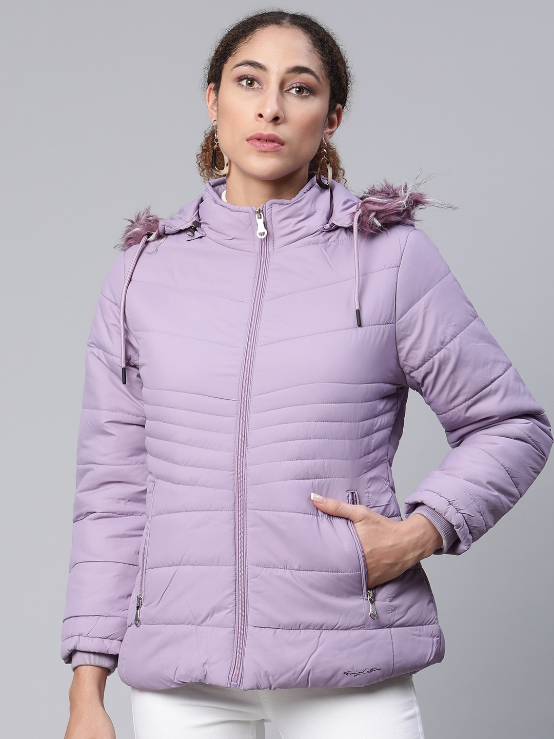 

Foreign Culture By Fort Collins Women Lavender Solid Faux Fur Trim Longline Parka Jacket
