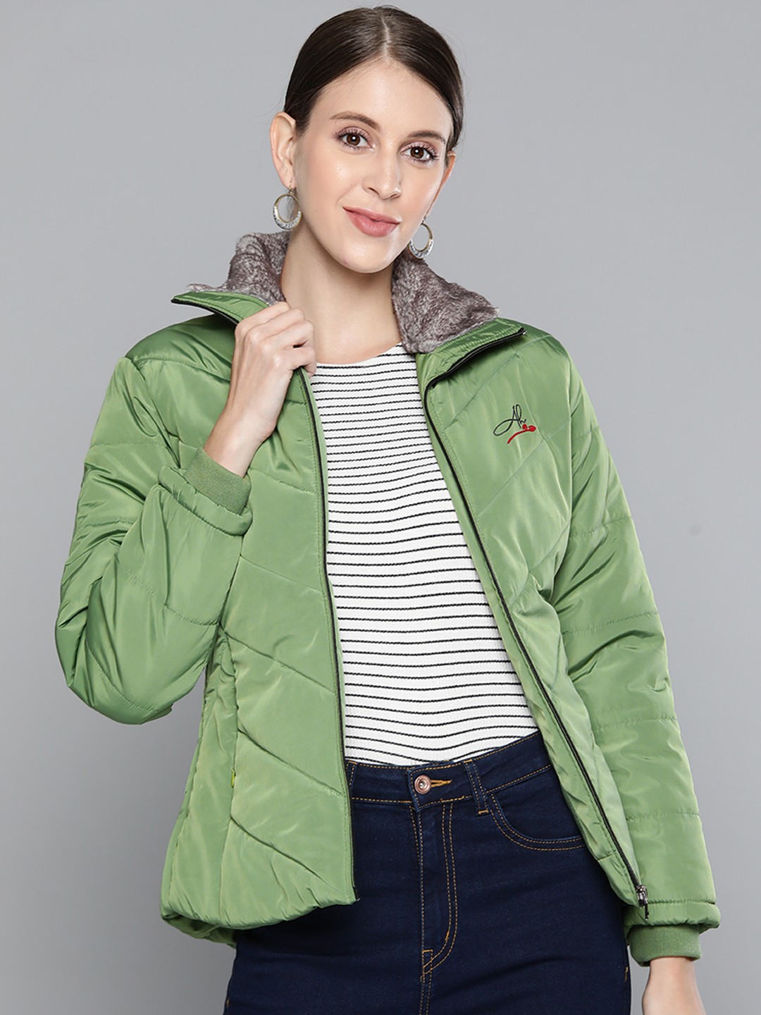 

Foreign Culture By Fort Collins Women Green Solid Padded Jacket